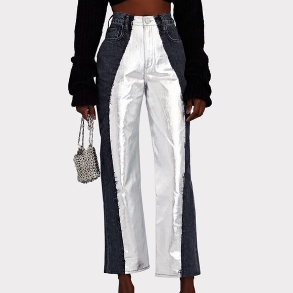 NWT FRAME Pieced Metallic Silver Black Straight Leg Jeans Size 26 Retail $448 - Picture 1 of 16